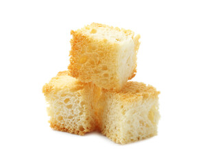 Three delicious crispy croutons isolated on white