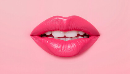 Obraz premium Close-up of pink lips smiling against a pink background 