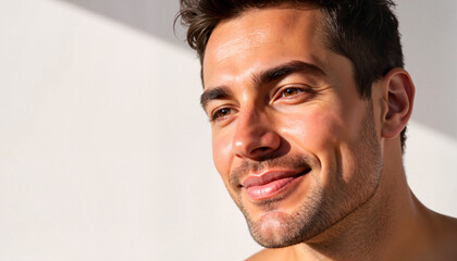 Fototapeta premium Smiling young man expressing happiness against a bright backdrop 