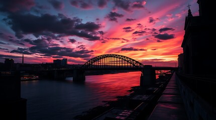 Obraz premium Vibrant sunset over a river and bridge.