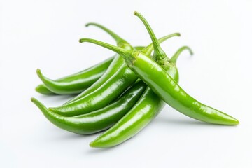 Fresh Green Chili Peppers Pile on White Background for Cooking Concept