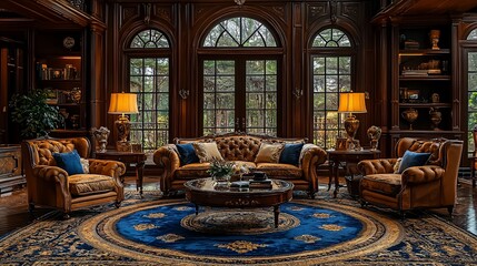 Obraz premium Luxurious library with leather sofas, ornate rug, and large windows.
