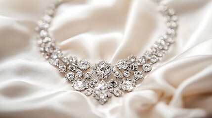 Obraz premium Elegant wedding jewelry with diamond engagement ring and wedding bands on white silk