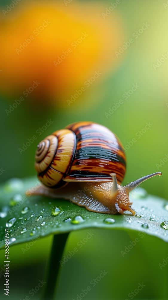 Aufkleber close-up of a colorful snail on a dewy leaf with vibrant background blurring in natural light