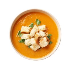 Tasty pumpkin cream soup with croutons and parsley in bowl isolated on white, top view