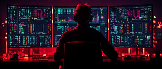 A person monitors data on multiple computer screens in red light