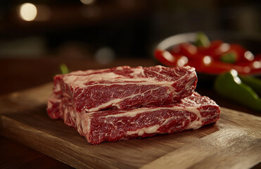 Fototapeta premium Screengrab of raw beef steaks on a wooden board, close-up, with hot red and green peppers in the background