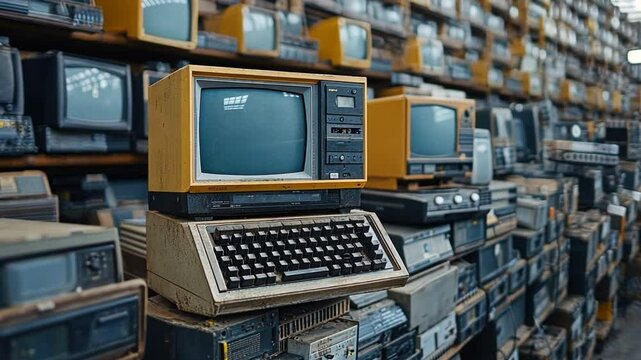 Vintage Technology Heap: An impressive display of vintage technology, from retro computer and TV screens, offering a glimpse into the evolution of electronic devices. Capture the nostalgia, curiosity.