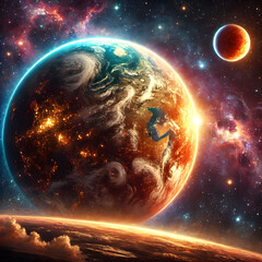 Obraz premium Stunning Sci-Fi Planet in Deep Space with Glowing Atmosphere and Cosmic Nebula