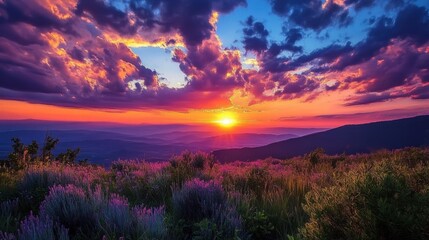 The scenic landscape displays a gorgeous sunset over rolling hills and plants