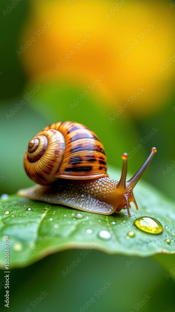 Poster close-up of a colorful snail on a dewy leaf with vibrant background blurring in natural light