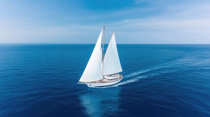 Obraz premium A majestic sailing yacht glides across a vast expanse of deep blue ocean under a vibrant clear sky