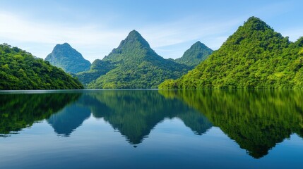 Fototapeta premium Reservoir surrounded by mountains and forests Concept, Vibrant Green Forests Reflecting in a Stunning Calm Reservoir Surrounded by Majestic Mountains and Clear Sky