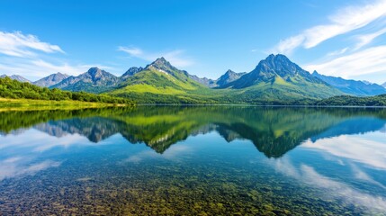 Reservoir surrounded by mountains and forests Concept, A Scenic Reflection of a Vibrant Green Mountain Range in a Glassy Lake Under Clear Blue Sky
