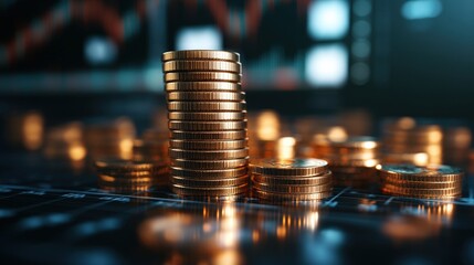 A tall stack of shimme gold coins symbolizes financial prosperity against a blurred backdrop featu smaller coin stacks and a market graph illustrating growth.