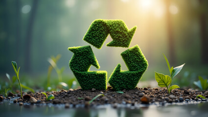Green recycle symbol on forest background, environmentally sustainable practices, recycling concept