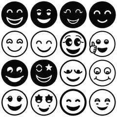 Happy emoji icons, smiley face vector set, black and white emoticons, emoji expressions pack, cartoon smiley faces, happiness, cartoon, smile, circle, cute, vector, anger, anxiety, clip art.