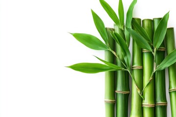 Fresh Bamboo Stalks and Green Leaves on White Background, Minimalist Style