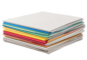 stack of colorful papers with blank white pages on top, with a transparent background