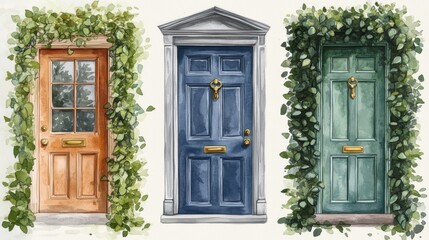 Fototapeta premium Cottagecore vintage objects watercolor. Watercolor Painting of Three Doors with Ivy
