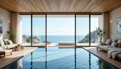 Fototapeta premium Create a cozy retreat by the ocean featuring an inviting indoor pool and large, floor to ceiling windows