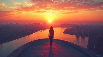 Woman on rooftop at sunrise over city river