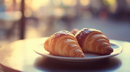 Freshly Baked Croissants on a Plate with a Soft Sunset Background and Blurred Café Ambiance