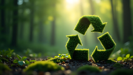 green recycle symbol on forest background, environmentally sustainable practices, recycling concept
