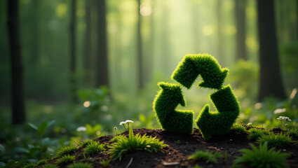 Green recycle symbol on forest background, environmentally sustainable practices, recycling concept