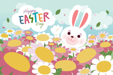 Cute white rabbit with colorful Easter eggs in a vibrant flower field illustration for Easter 2025 celebrations, Vector, Illustration