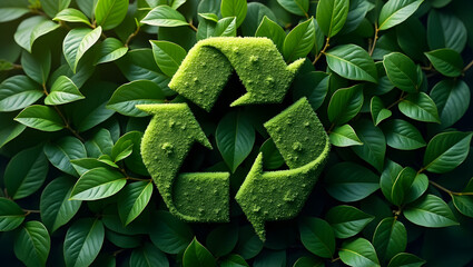 Green recycle symbol on leaves background, environmentally sustainable practices, recycling concept