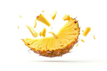 Pineapple Slice Floating with Pieces Isolated on White Background for Summer