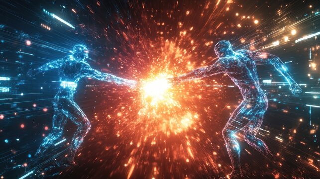 Virtual combat: A futuristic duel between two digital avatars amidst swirling code