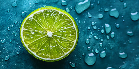 Top view of a juicy lime half on a blue wet surface with water drops