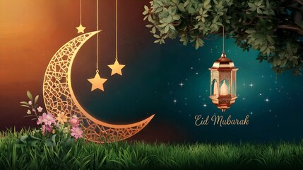 Festive Eid Mubarak image with a golden crescent moon, hanging stars, and lantern. Text on the image reads "Eid Mubarak".