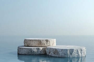 Fototapeta premium Tranquil water view with stone platforms reflecting a calm atmosphere at dawn