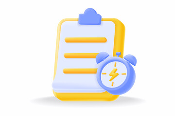 3d Task management icon with clipboard and alarm clock. productivity, deadlines, time management, scheduling, and efficiency. vector illustration
