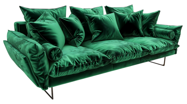 A luxury velvet sofa in deep emerald green, with plush throw pillows, floating cleanly.