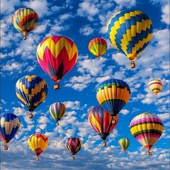 Obraz premium A Spectacular Display of Vibrant Balloons Surrounded by Fluffy Clouds.