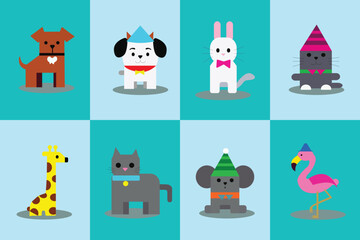 Party Animal Flat Icon Set - Cute Colorful Vector Illustration