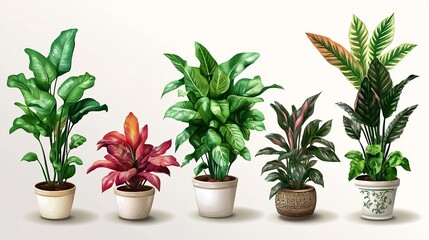 Fototapeta premium Collection of Five Vibrant Indoor Plants in Elegant Pots