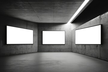Detailed Color Picture of Concrete Interior with Three Blank Billboards
