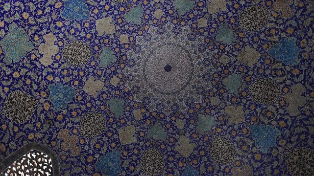 Dome of the Imam Mosque. Stunning interior of Imam Mosque, Isfahan, Iran showcasing intricate tilework, soaring arches, and vibrant geometric patterns. This architectural gem. Perfect Islamic art.