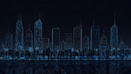 Fototapeta premium Futuristic Digital Smart City Skyline with Blue Holographic Wireframe Buildings Connected Dots and Technology Inspired Urban Infrastructure Concept