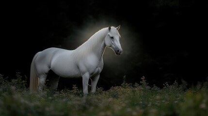 Majestic white horse bathed in golden light, standing amidst dark foliage