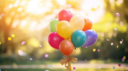 Rainbow balloon bouquet with golden ribbon, surrounded by pastel confetti, symbolizing joy and celebration of childhood.