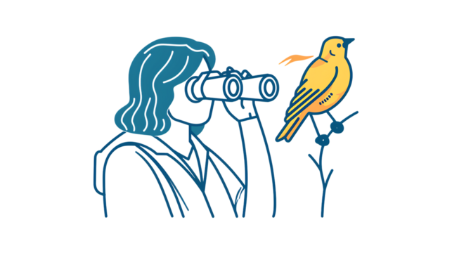 Minimalist line icon of a Birdwatcher with binoculars, observing a bird, clean and detailed, white background - Powered by Adobe