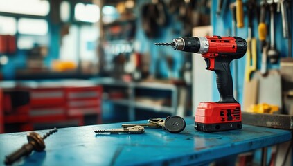 Red Cordless Drill and Accessories on Blue Workbench in a Workshop