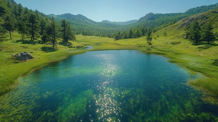 Obraz premium Mountain lake nestled in a valley, sunlight reflecting on clear water