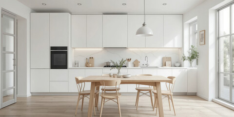 Modern Kitchen Interior with White Cabinets and Wooden Dining Set